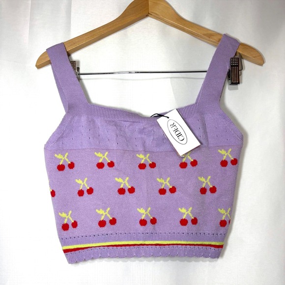 Cider Tops - Cider Womens Purple Cherry Knit Crop Tank Top Scalloped Hem Size M NWT‎